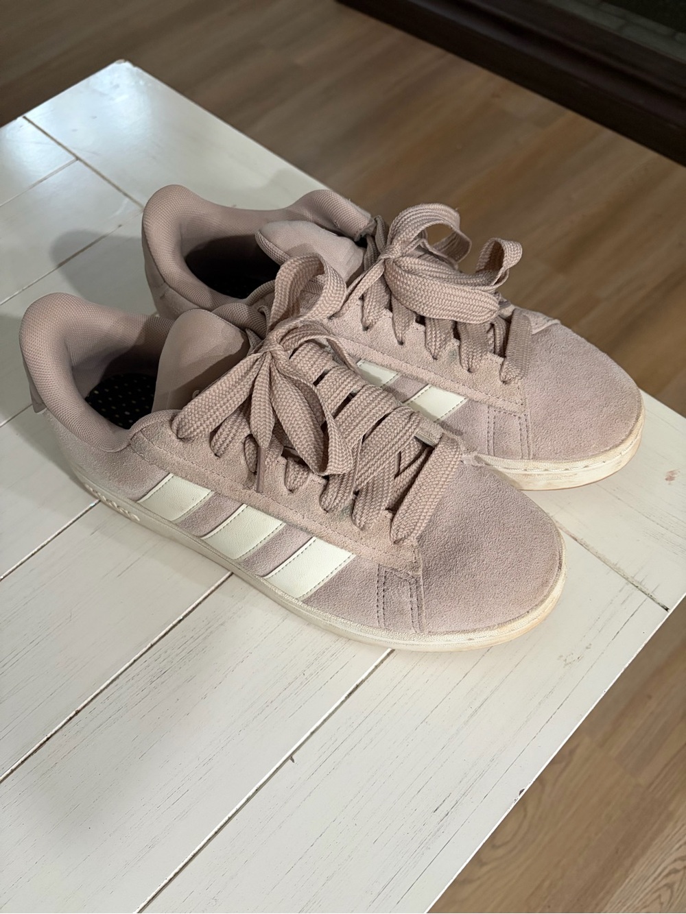 adidas Women's Suede Sneakers in Light Mauve with White Stripes